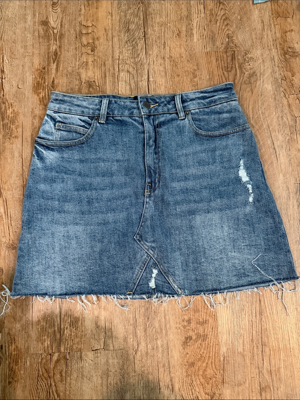 RVCA Distressed Blue Denim Mini Skirt